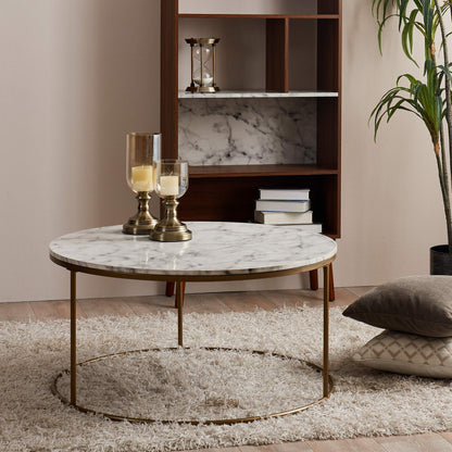 Versanora Marmo Round Circle Shape Coffee Side End Table with Faux Marble Top, 18 inch Height, Marble