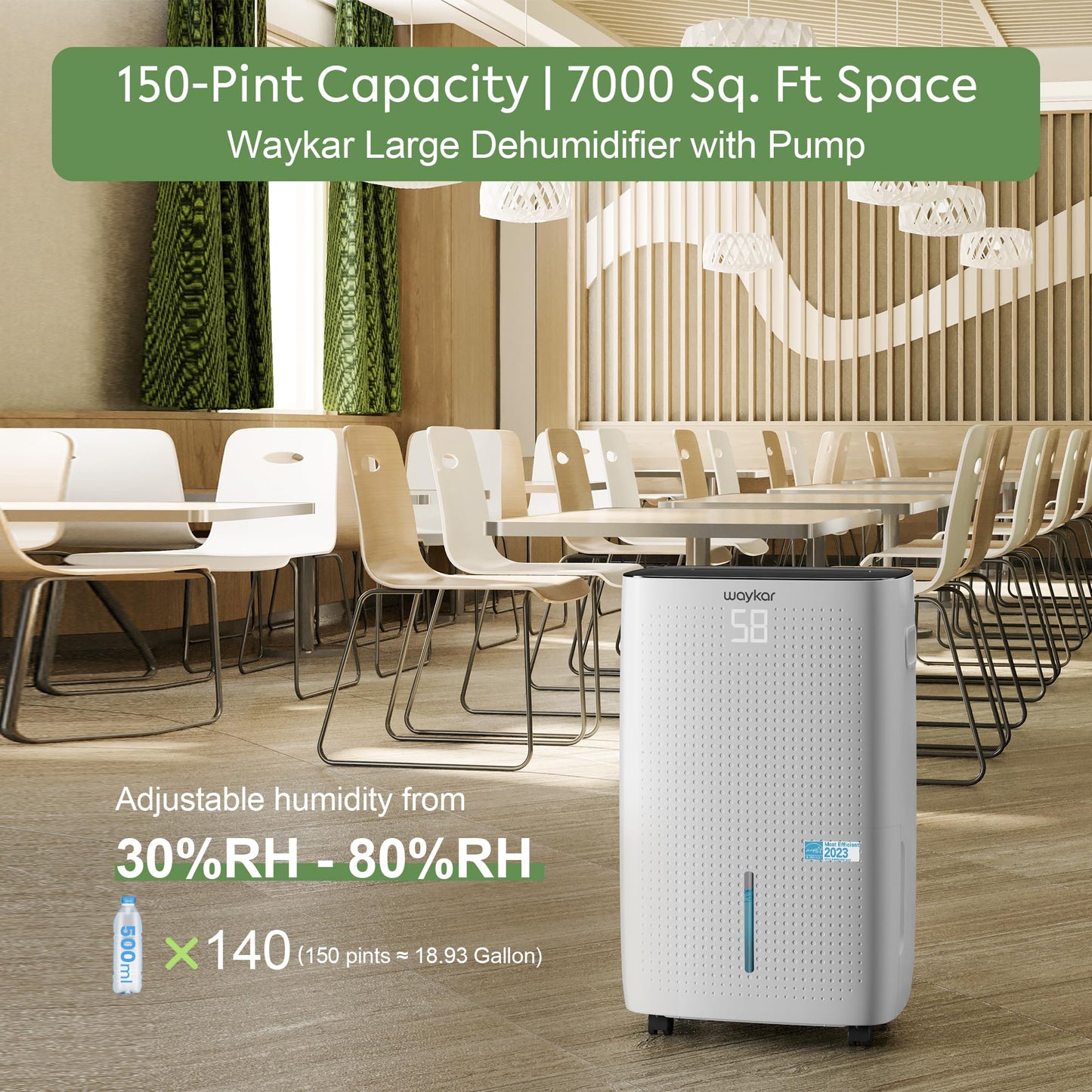 Waykar 150 Pints 7,000 Sq. Ft ENERGY STAR Most Efficient Dehumidifier with Pump for Commercial and Industrial Large Room, Warehouse, Storage, Home, Basement with Drain Hose（JD026CE-150PM）