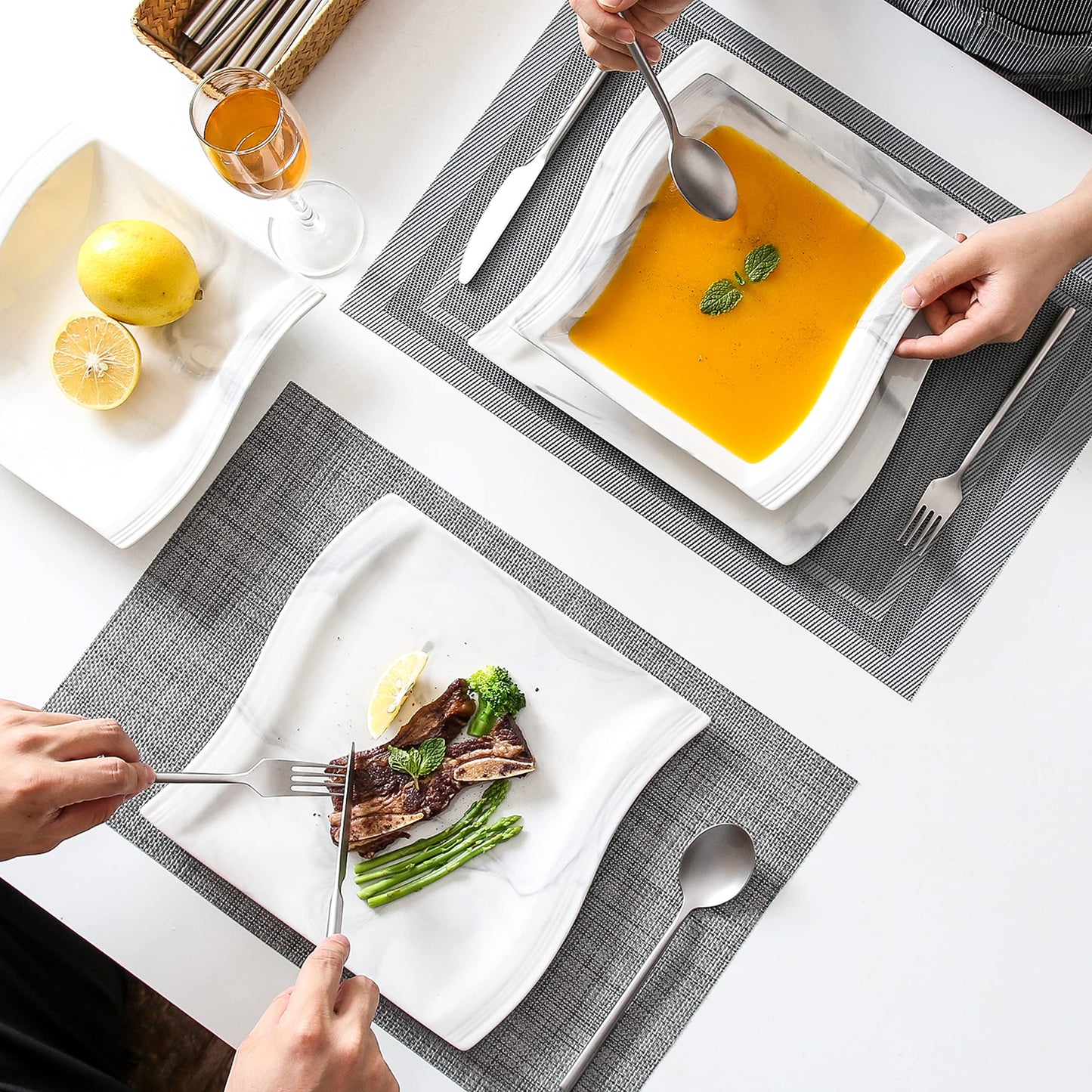 MALACASA Square Plate Set, 12-Piece Marble Plates and Bowls Sets for 6, Porcelain Dish Set with Dinner Plates and Pasta Bowls, Modern Dinnerware Sets, Kitchen Plate Bowl Set, Series Flora