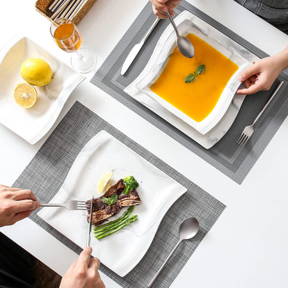 MALACASA Square Plate Set, 12-Piece Marble Plates and Bowls Sets for 6, Porcelain Dish Set with Dinner Plates and Pasta Bowls, Modern Dinnerware Sets, Kitchen Plate Bowl Set, Series Flora