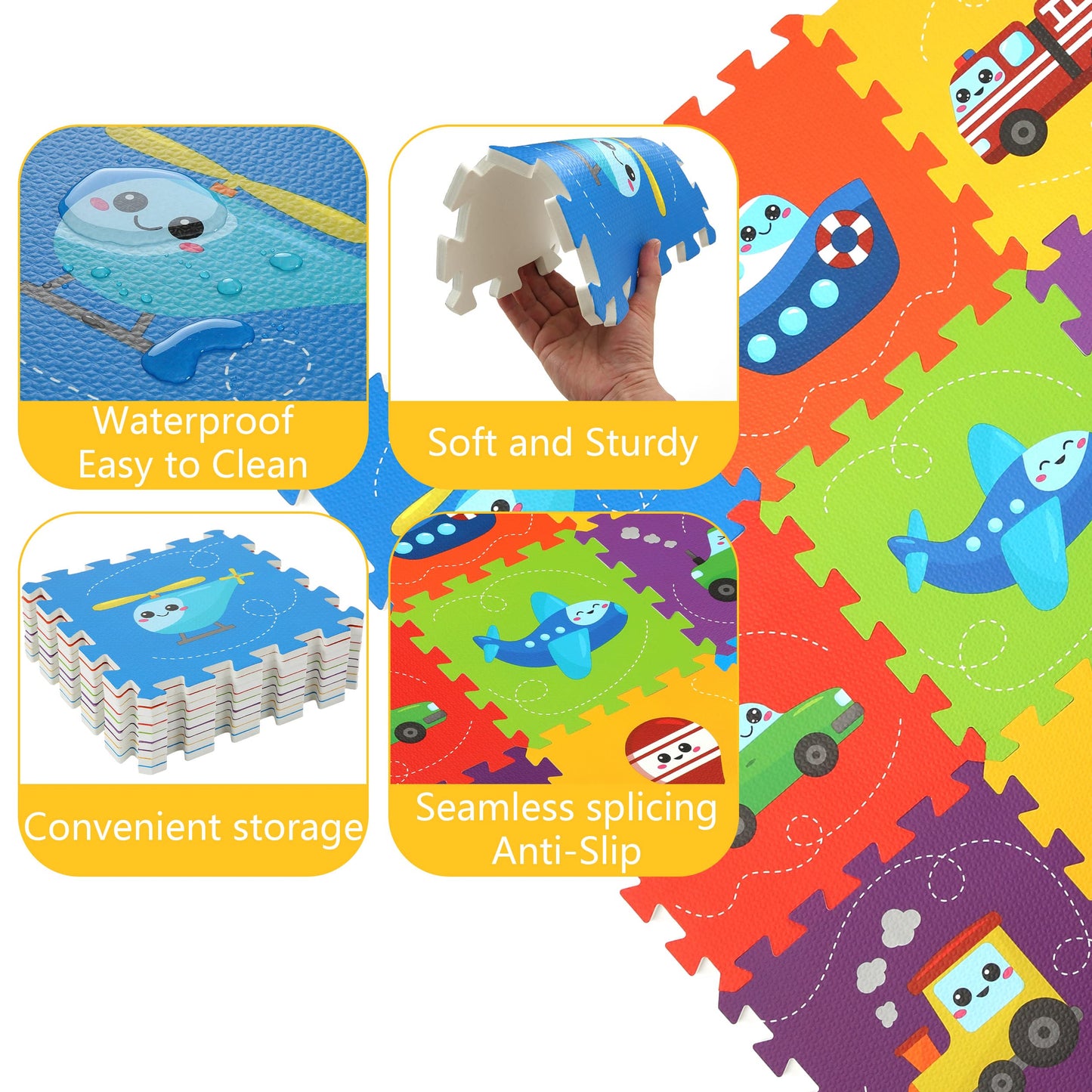 PLAY 10 Baby Play Mat, Foam Playmat for Babies, Kids Play Mat Foam Floor Tiles 34×34 9 Pieces Vehicle Puzzle Mat