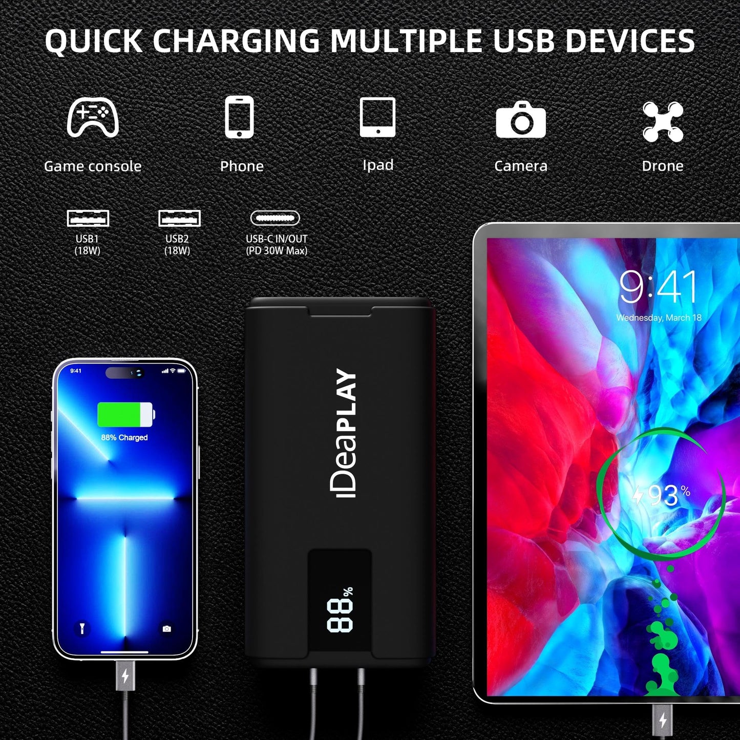 IDEAPLAY J10 Jump Starter, 2000A 12V Car Battery Jump Starter Portable for Up to 8.0L Gas and 7.0L Diesel Engine, Jump Box with Jumper Cables, Type C Fast Charging Battery Jumper with LED Flashlight