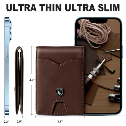 GSOIAX Mens Slim Wallet for Men Minimalist Genuine Leather Carbon Fiber Rfid Blocking Bifold Credit Card Holder With Gift Box (Leather Coffee)