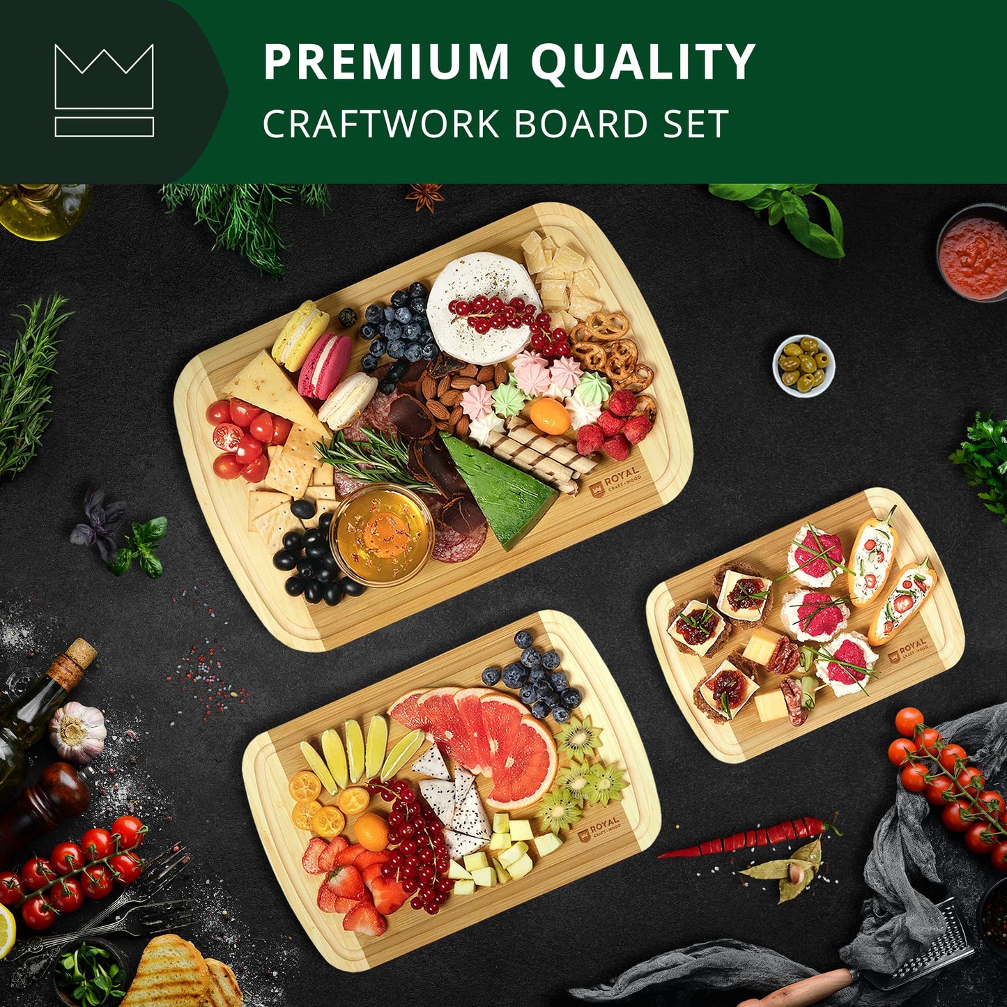 ROYAL CRAFT WOOD Luxury Cutting Boards for Kitchen - Reversible Wood Cutting Board Set, Thick Chopping Board - Wooden Cutting Board Set Bamboo Cutting Board for Meat, (Set of 3)