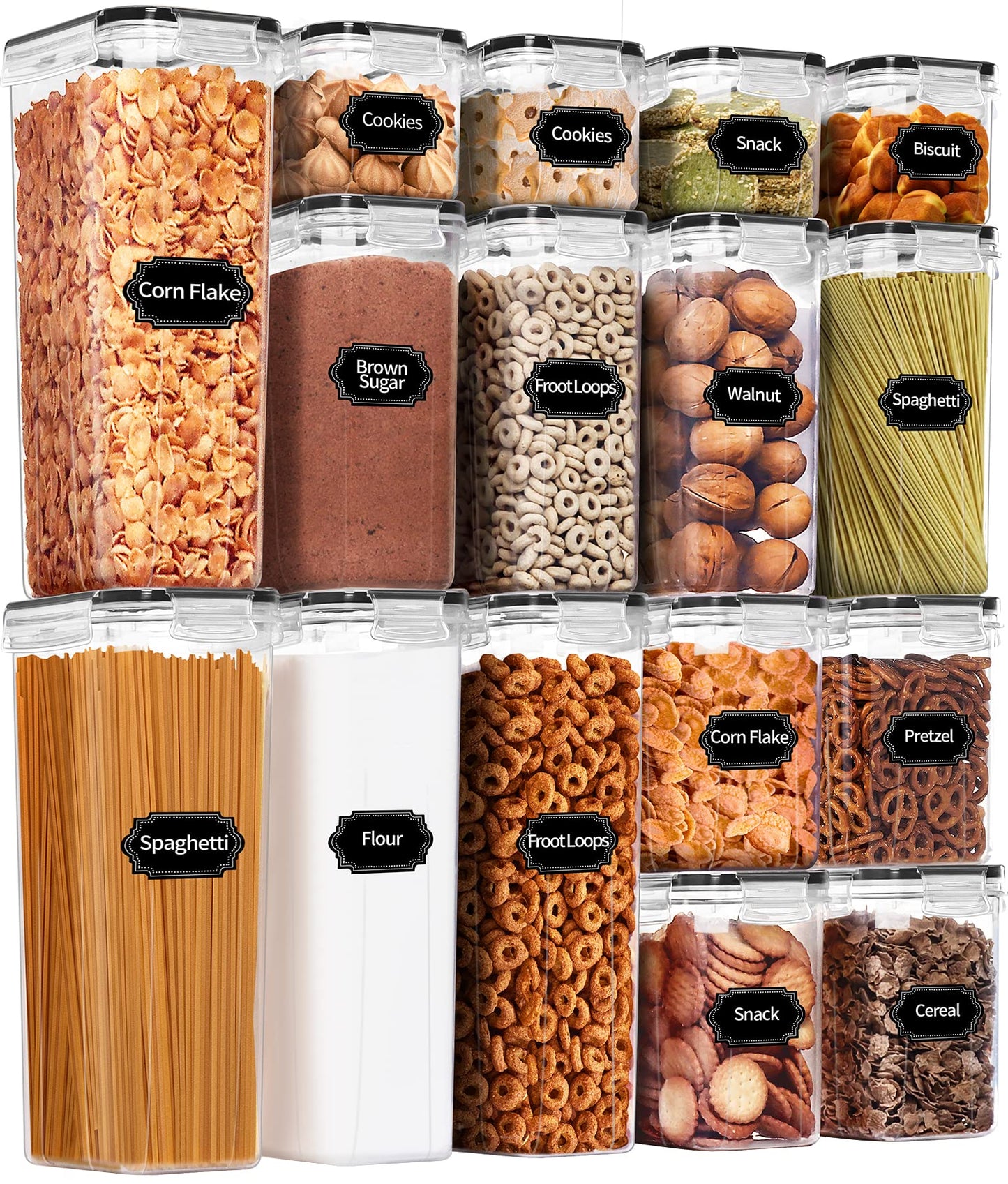 PRAKI Airtight Food Storage Container Set, 16 Pcs BPA Free Plastic Dry Food Canisters for Kitchen Pantry Organization and Storage Ideal for Cereal, Flour & Sugar - Labels, Marker(Black)