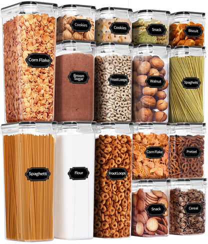 PRAKI Airtight Food Storage Container Set, 16 Pcs BPA Free Plastic Dry Food Canisters for Kitchen Pantry Organization and Storage Ideal for Cereal, Flour & Sugar - Labels, Marker(Black)