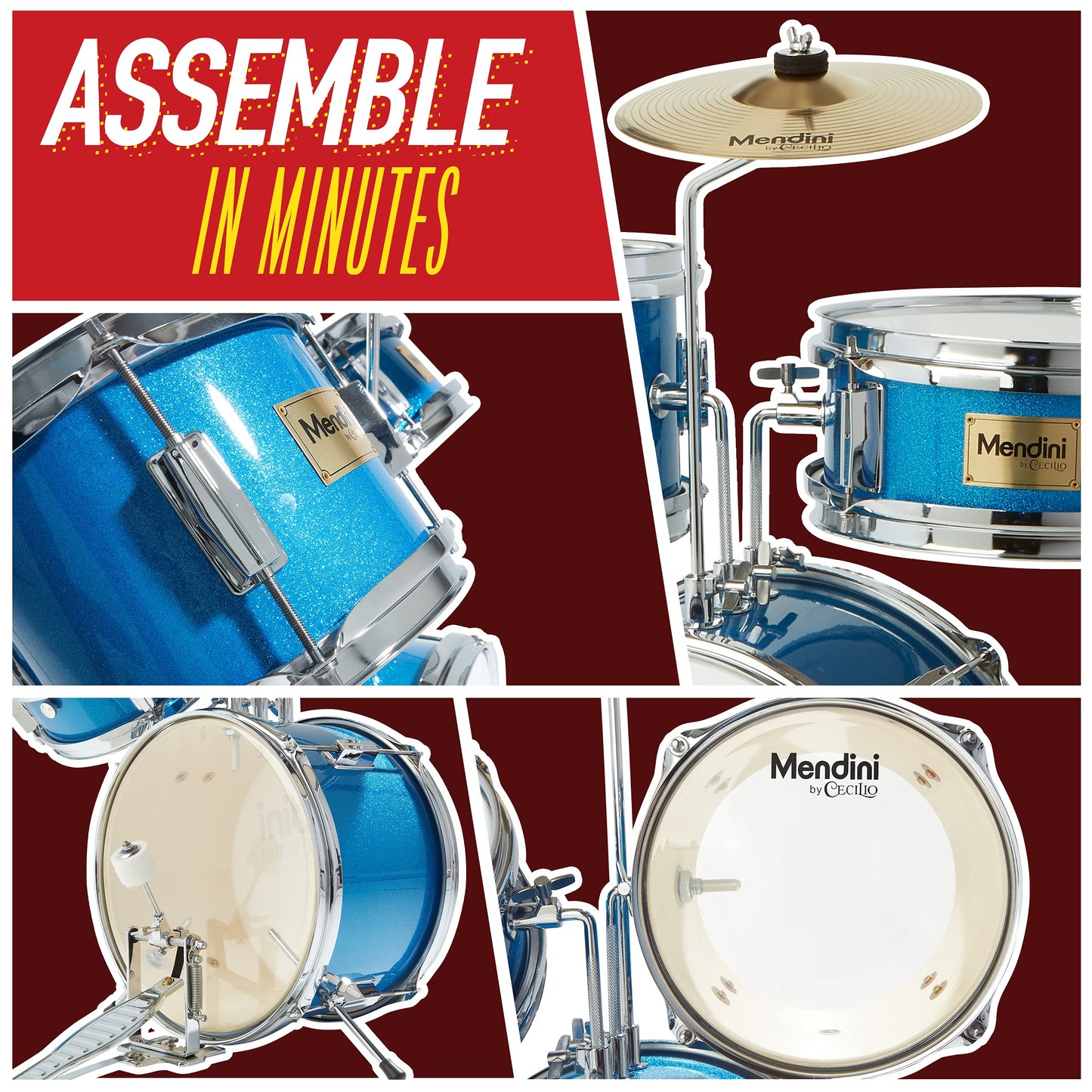 Mendini By Cecilio Kids Drum Set - Junior Kit w/ 4 Drums (Bass, Tom, Snare, Cymbal), Drumsticks, Drum Throne - Beginner Drum Sets & Musical Instruments