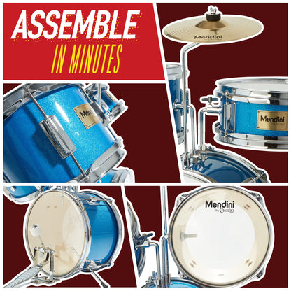 Mendini By Cecilio Kids Drum Set - Junior Kit w/ 4 Drums (Bass, Tom, Snare, Cymbal), Drumsticks, Drum Throne - Beginner Drum Sets & Musical Instruments