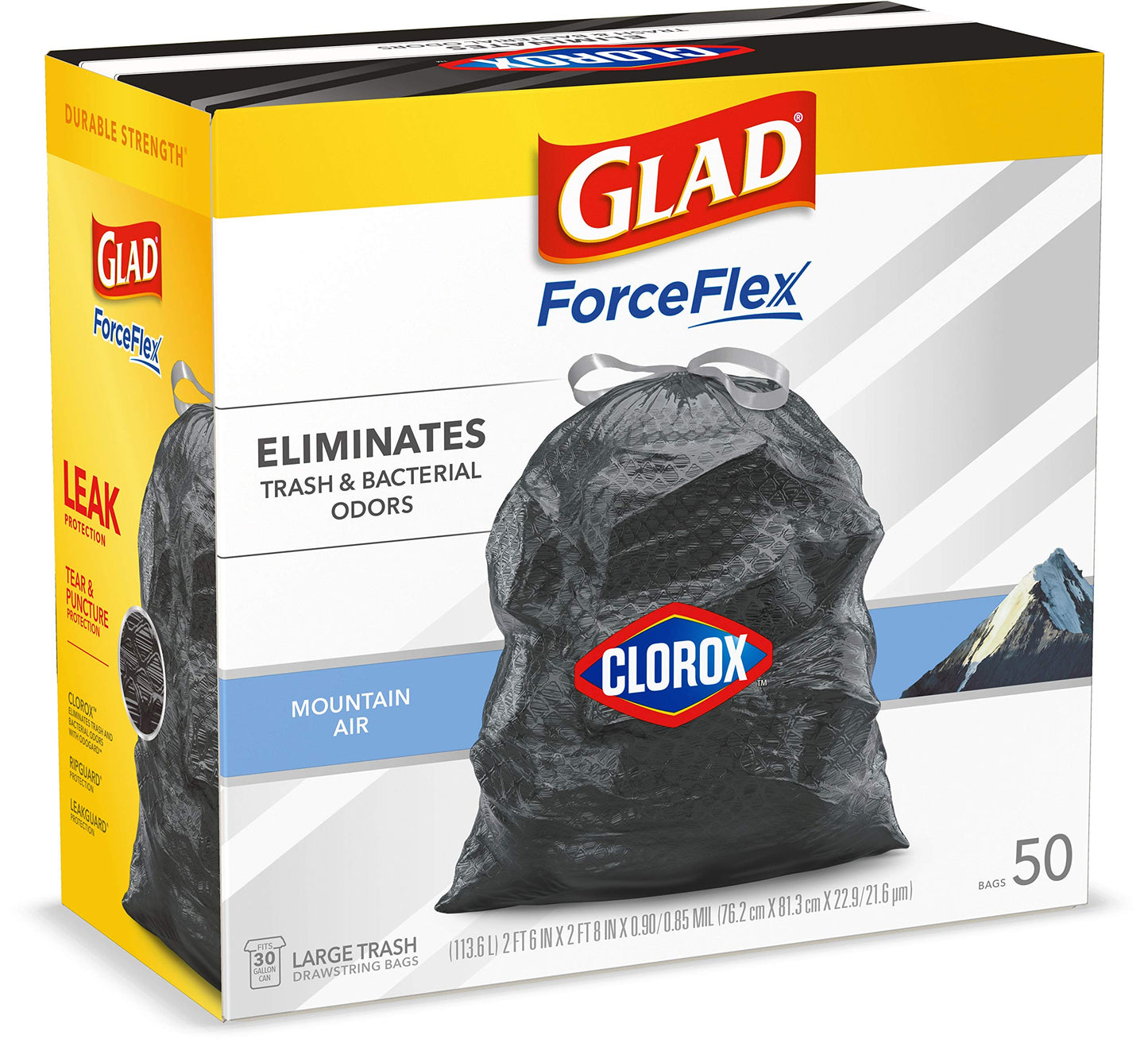 Glad Large Drawstring Trash Bags, ForceFlex with Clorox, 30 Gallon, Mountain Air, 50 Count