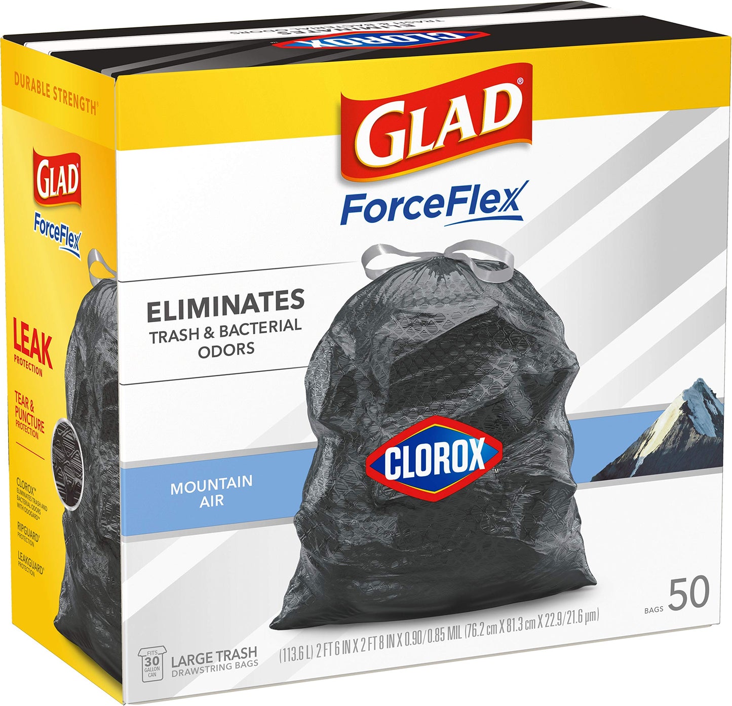 Glad Large Drawstring Trash Bags, ForceFlex with Clorox, 30 Gallon, Mountain Air, 50 Count