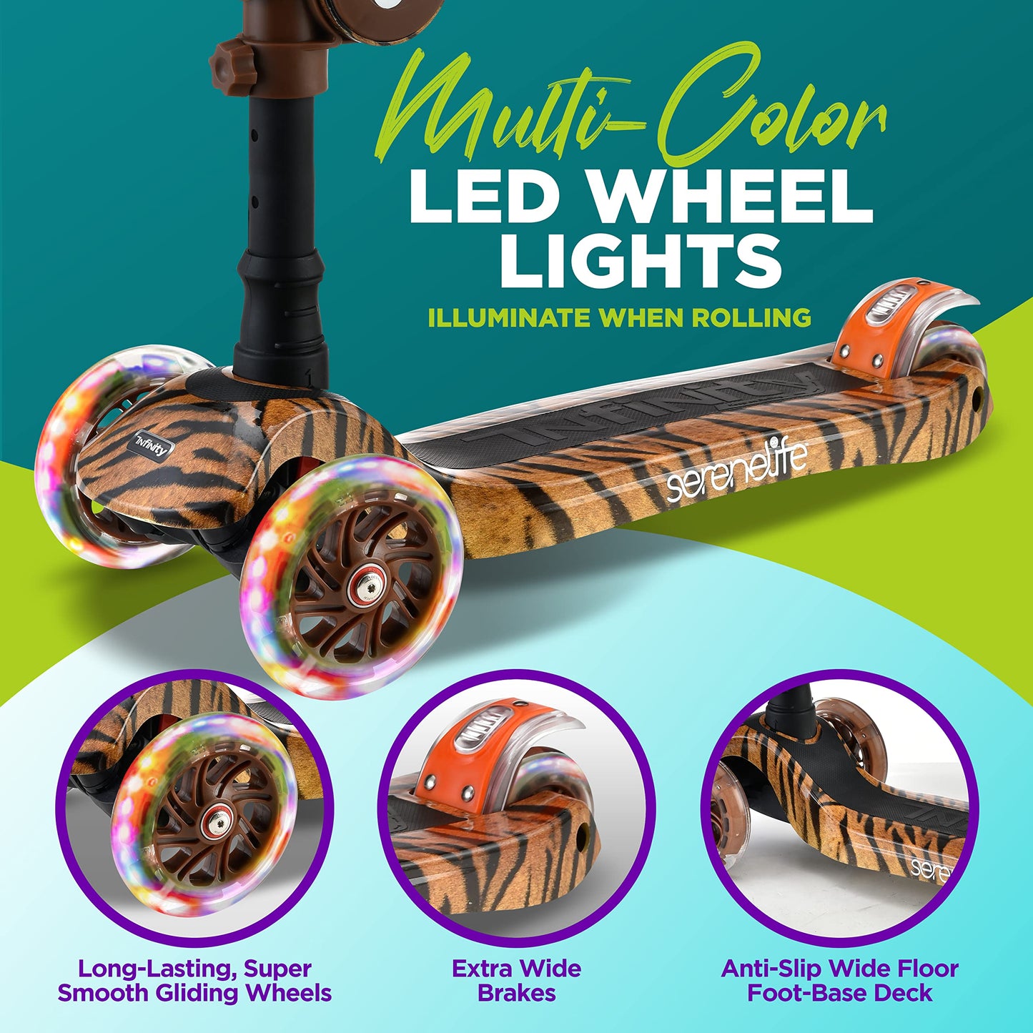 SereneLife 3 Wheeled Scooter for Kids - 2-in-1 Sit/Stand Child Toddlers Toy Kick Scooters w/ Flip-Out Seat, Adjustable Height, Wide Deck, Flashing Wheel Lights, Great for Outdoor Fun - SLKSTIG (Tiger)