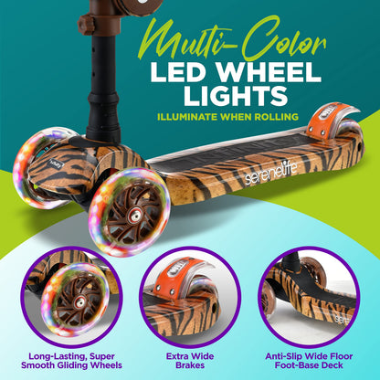 SereneLife 3 Wheeled Scooter for Kids - 2-in-1 Sit/Stand Child Toddlers Toy Kick Scooters w/ Flip-Out Seat, Adjustable Height, Wide Deck, Flashing Wheel Lights, Great for Outdoor Fun - SLKSTIG (Tiger)