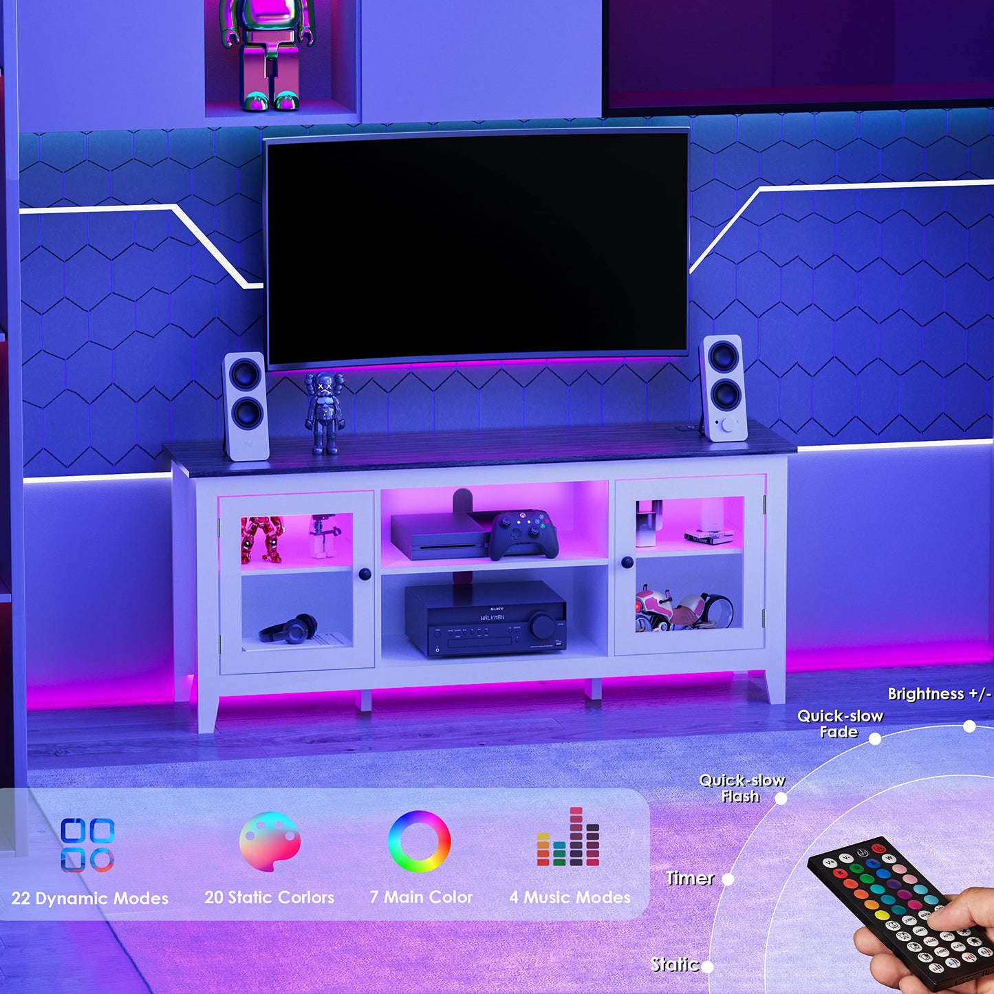 HAIOOU LED TV Stand with Charging Station, Modern Entertainment Center for TV up to 60 Inch, Television Media Console Cabinet with LED Lights, USB-C 18W Super Charge Port - White + Walnut Brown