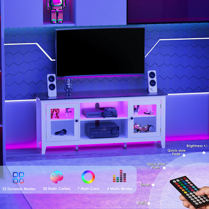 HAIOOU LED TV Stand with Charging Station, Modern Entertainment Center for TV up to 60 Inch, Television Media Console Cabinet with LED Lights, USB-C 18W Super Charge Port - White + Walnut Brown