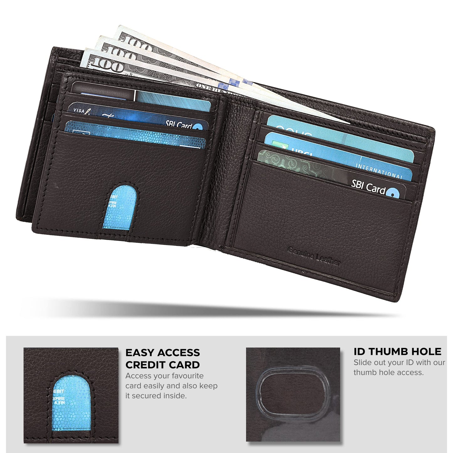 Traversible Real Leather Bifold Wallet for Men, Ultra Slim Minimalist Front Pocket with RFID Blocking 9 Credit Card Storage Holder, 1 ID Window, Slim & Stylish Billfolds Wallet
