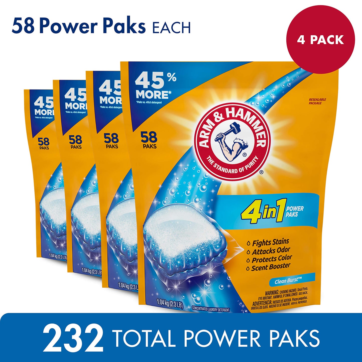 Arm & Hammer 4-in-1 Laundry Detergent Power Paks, Fresh, 58 Count (Pack of 4)