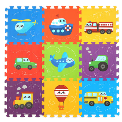 PLAY 10 Baby Play Mat, Foam Playmat for Babies, Kids Play Mat Foam Floor Tiles 34×34 9 Pieces Vehicle Puzzle Mat