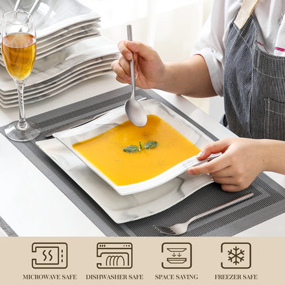MALACASA Square Plate Set, 12-Piece Marble Plates and Bowls Sets for 6, Porcelain Dish Set with Dinner Plates and Pasta Bowls, Modern Dinnerware Sets, Kitchen Plate Bowl Set, Series Flora