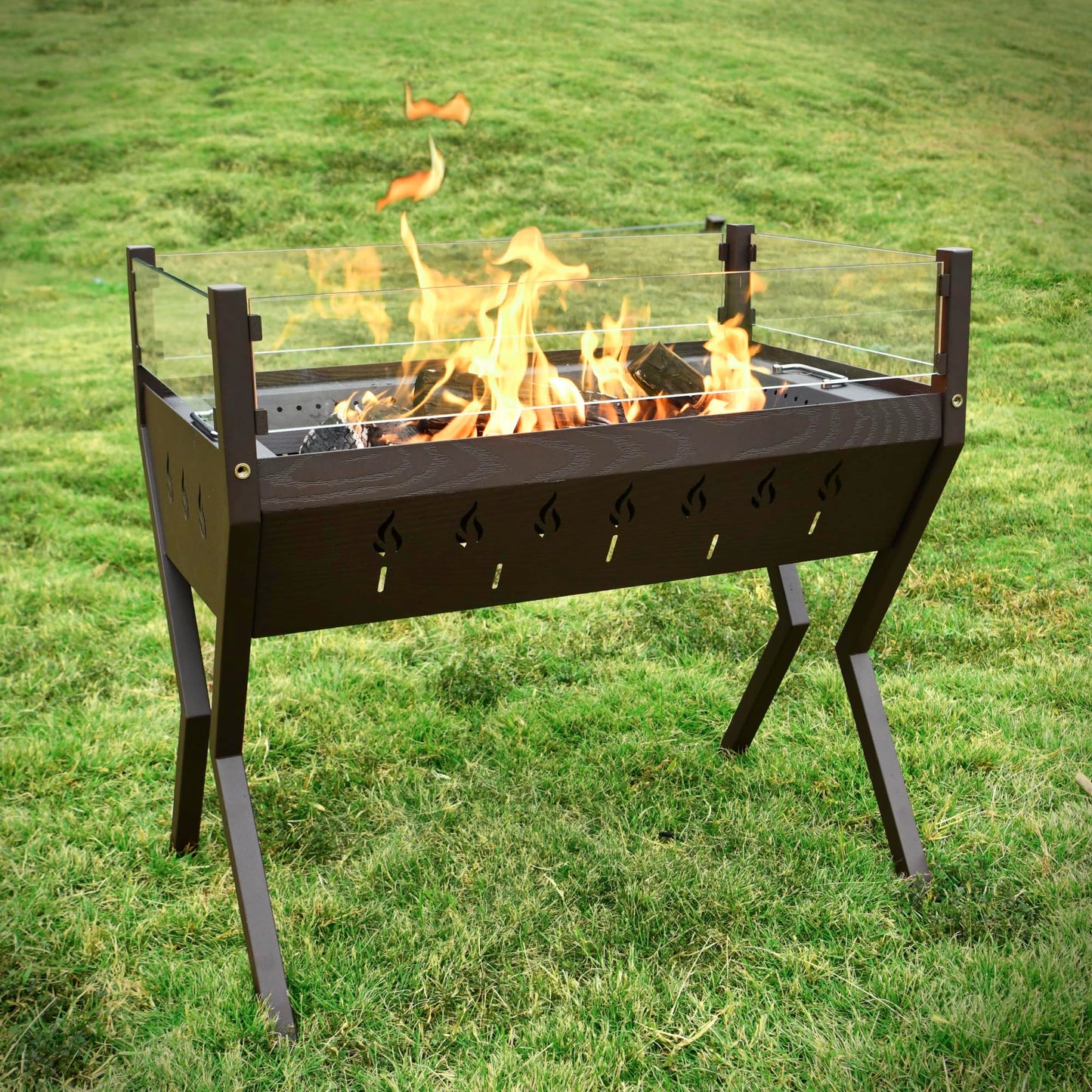 Rectangular Fire Pit for Outside, Outdoor Wood Burning Fire Pit for Patio Backyard Garden Deck Camping, Bonfire Campfire Metal Fire Pit Table with Glass Wind Guard, Brown
