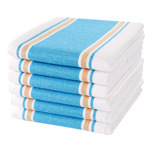 Goroly Home 6 Pack 100% Cotton Farmhouse Vintage Dish Towels Tea Towels Highly Absorbent Quick Dry Professional Grade with Hanging Loop - Twill Waffle - 18x28 Inch - Turquoise Blue