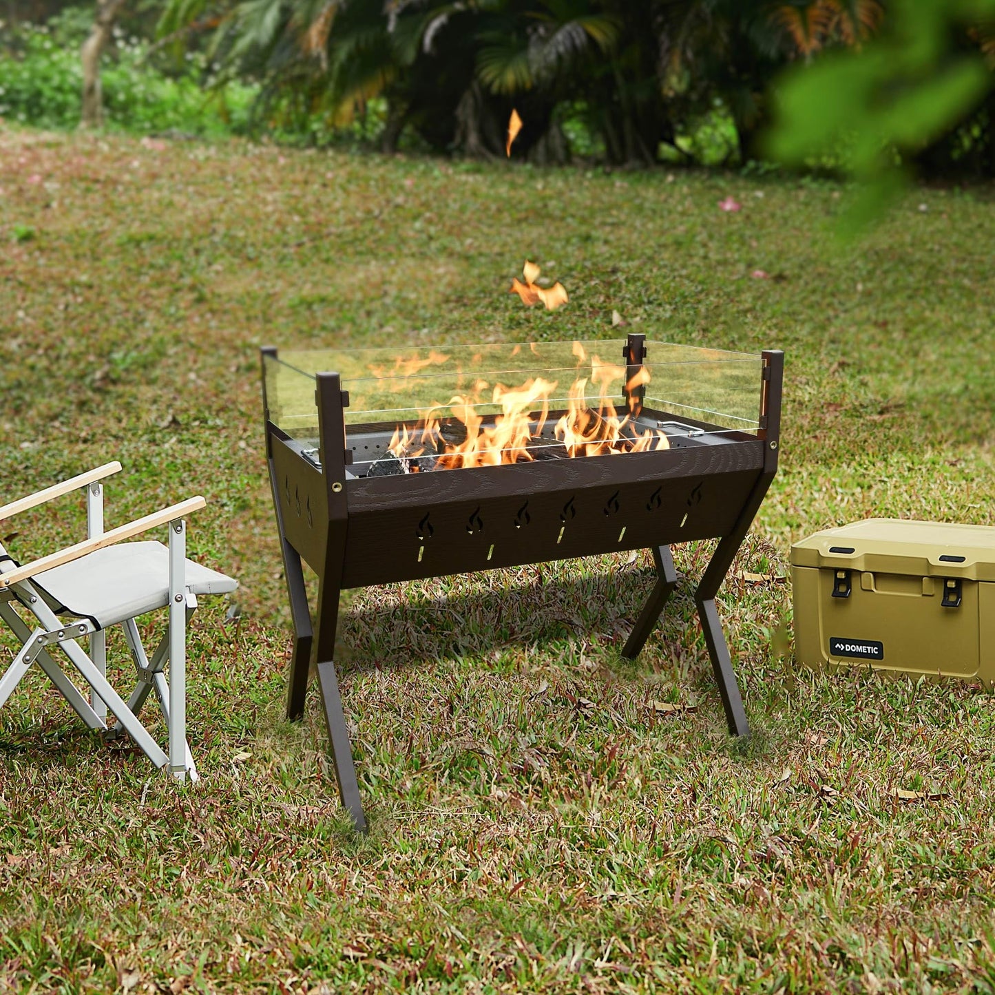 Rectangular Fire Pit for Outside, Outdoor Wood Burning Fire Pit for Patio Backyard Garden Deck Camping, Bonfire Campfire Metal Fire Pit Table with Glass Wind Guard, Brown