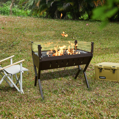 Rectangular Fire Pit for Outside, Outdoor Wood Burning Fire Pit for Patio Backyard Garden Deck Camping, Bonfire Campfire Metal Fire Pit Table with Glass Wind Guard, Brown