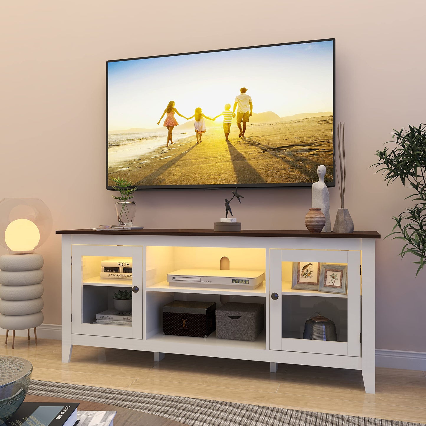 HAIOOU LED TV Stand with Charging Station, Modern Entertainment Center for TV up to 60 Inch, Television Media Console Cabinet with LED Lights, USB-C 18W Super Charge Port - White + Walnut Brown