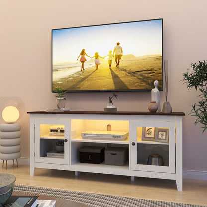 HAIOOU LED TV Stand with Charging Station, Modern Entertainment Center for TV up to 60 Inch, Television Media Console Cabinet with LED Lights, USB-C 18W Super Charge Port - White + Walnut Brown