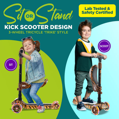 SereneLife 3 Wheeled Scooter for Kids - 2-in-1 Sit/Stand Child Toddlers Toy Kick Scooters w/ Flip-Out Seat, Adjustable Height, Wide Deck, Flashing Wheel Lights, Great for Outdoor Fun - SLKSTIG (Tiger)