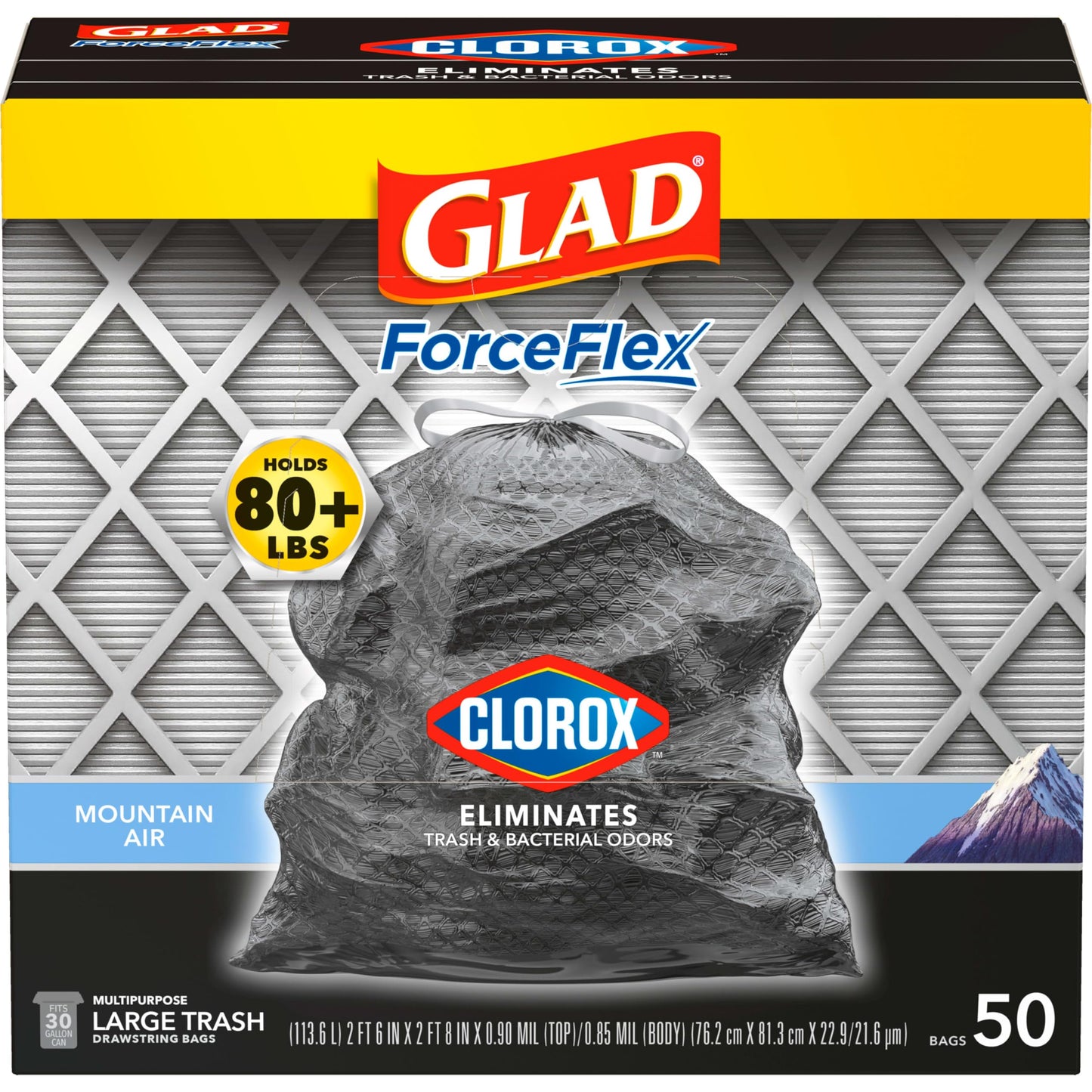 Glad Large Drawstring Trash Bags, ForceFlex with Clorox, 30 Gallon, Mountain Air, 50 Count