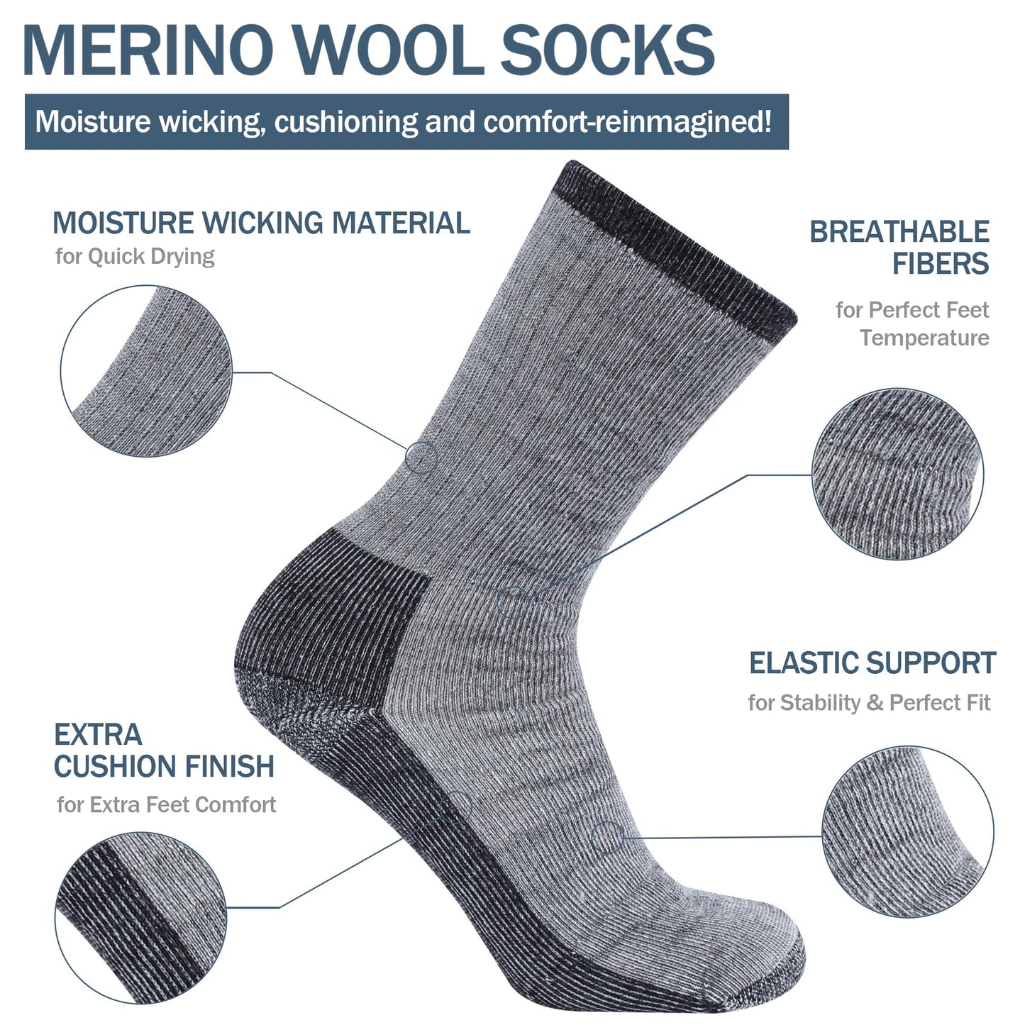 RTZAT Mens 50% Merino Wool Ankle Work Hiking Camping Cushioned Premium Thermal Thick Crew Socks, Medium, 4 Pairs, Black