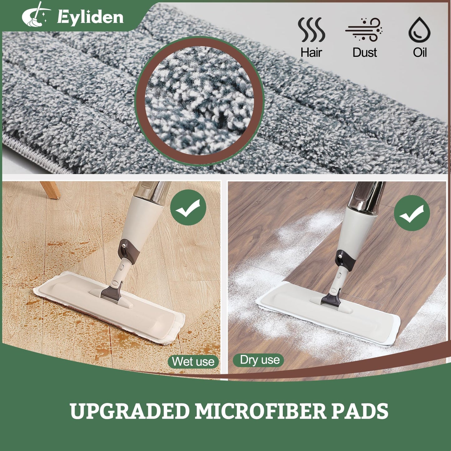 Eyliden Spray Mop, Mops for Floor Cleaning with 2pcs Microfiber Reusable Pads and 22 oz Bottle, Wet Jet Flat Mop for Wood Hardwood Laminate Ceramic Tiles Floor Cleaner Tools